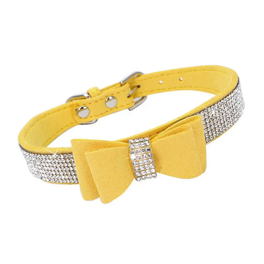 Yellow Sparkle Bow eco Suede Dog Collar - Posh Pawz - 1